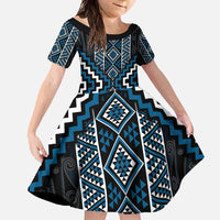 Azure Tukutuku Pattern Aotearoa Family Matching Tank Maxi Dress and Hawaiian Shirt Niho Taniwha and Puhoro Motifs LT7 Daughter's Dress Blue - Polynesian Pride