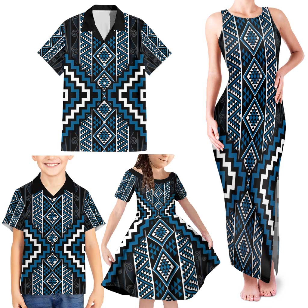 Azure Tukutuku Pattern Aotearoa Family Matching Tank Maxi Dress and Hawaiian Shirt Niho Taniwha and Puhoro Motifs LT7 - Polynesian Pride
