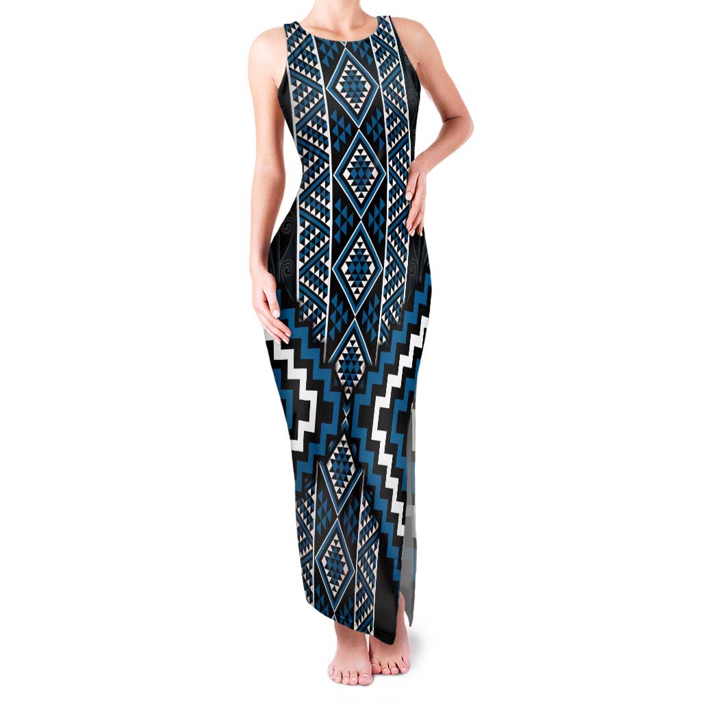 Azure Tukutuku Pattern Aotearoa Family Matching Tank Maxi Dress and Hawaiian Shirt Niho Taniwha and Puhoro Motifs LT7 Mom's Dress Blue - Polynesian Pride