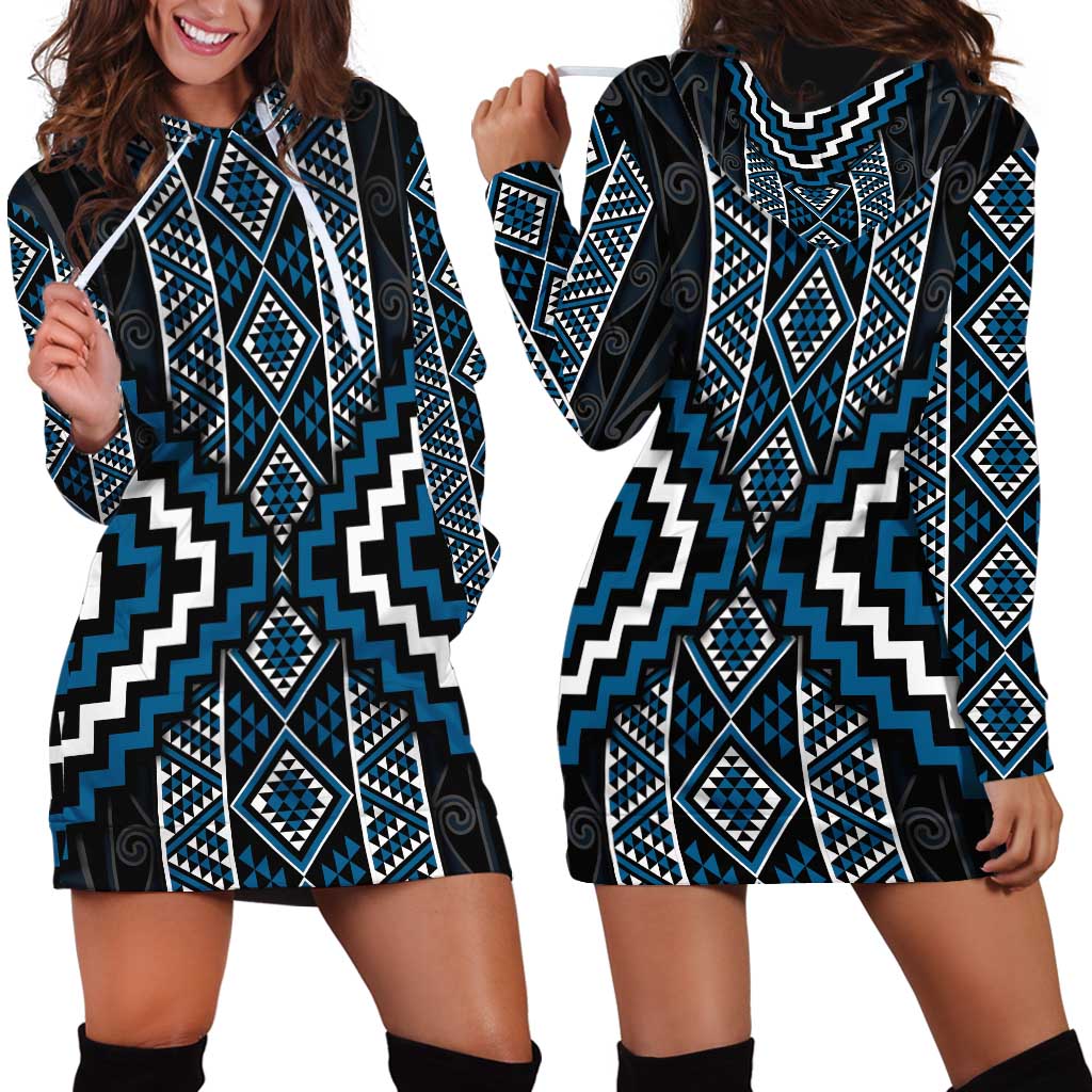 Azure Tukutuku Pattern Aotearoa Hoodie Dress Niho Taniwha and Puhoro Motifs
