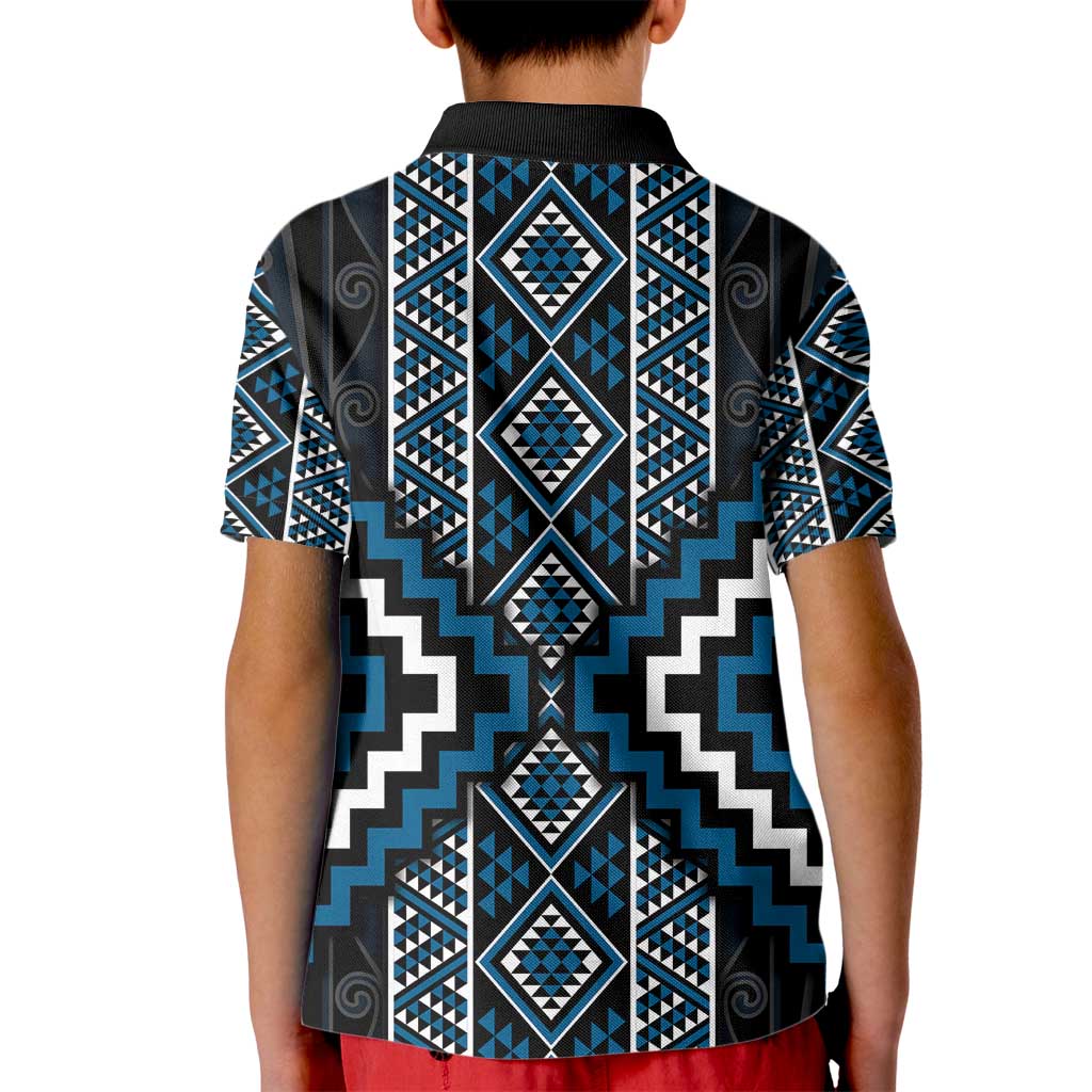Azure Tukutuku Pattern Aotearoa Kid Polo Shirt Niho Taniwha and Puhoro Motifs