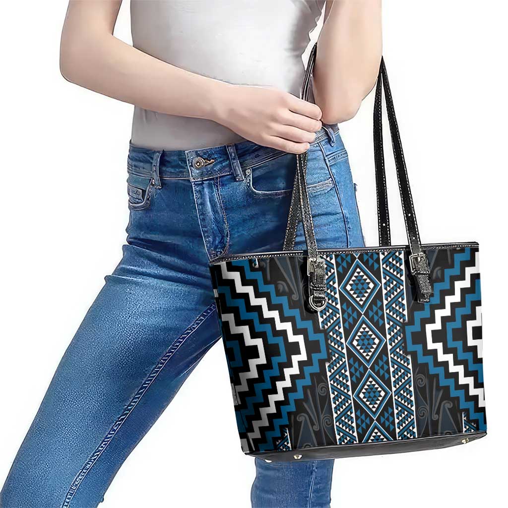 Azure Tukutuku Pattern Aotearoa Leather Tote Bag Niho Taniwha and Puhoro Motifs