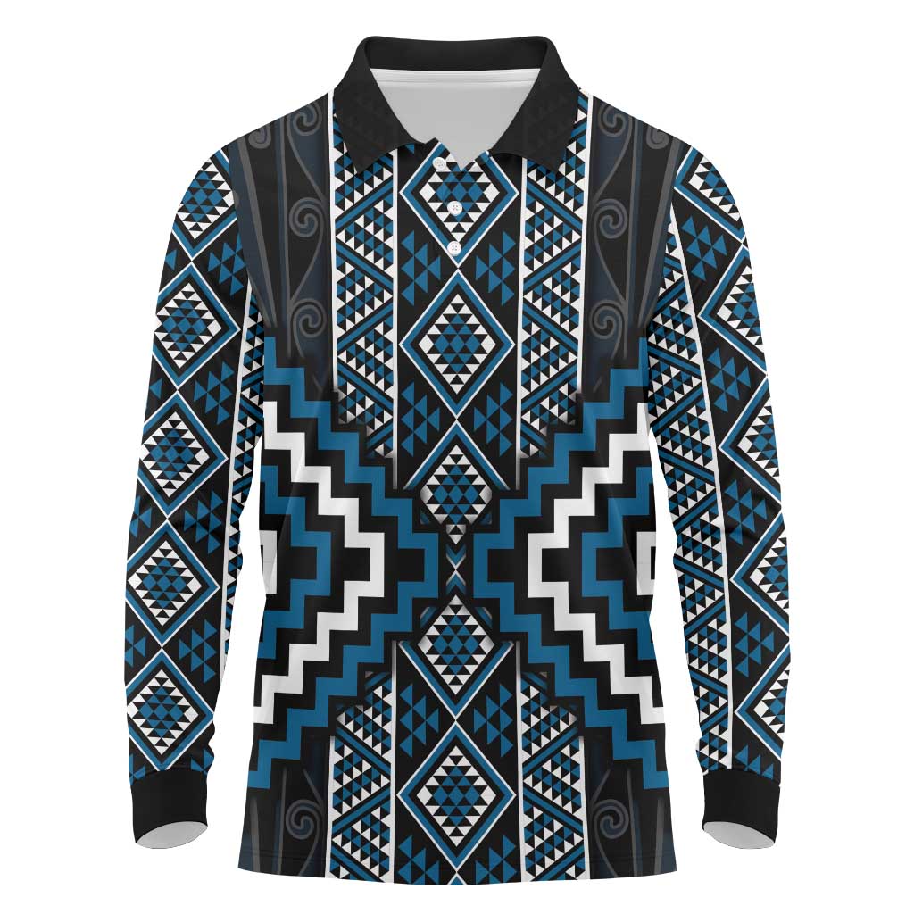 Azure Tukutuku Pattern Aotearoa Long Sleeve Polo Shirt Niho Taniwha and Puhoro Motifs
