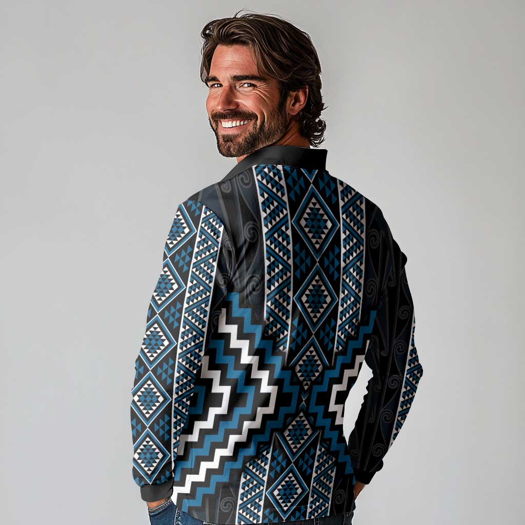 Azure Tukutuku Pattern Aotearoa Long Sleeve Polo Shirt Niho Taniwha and Puhoro Motifs