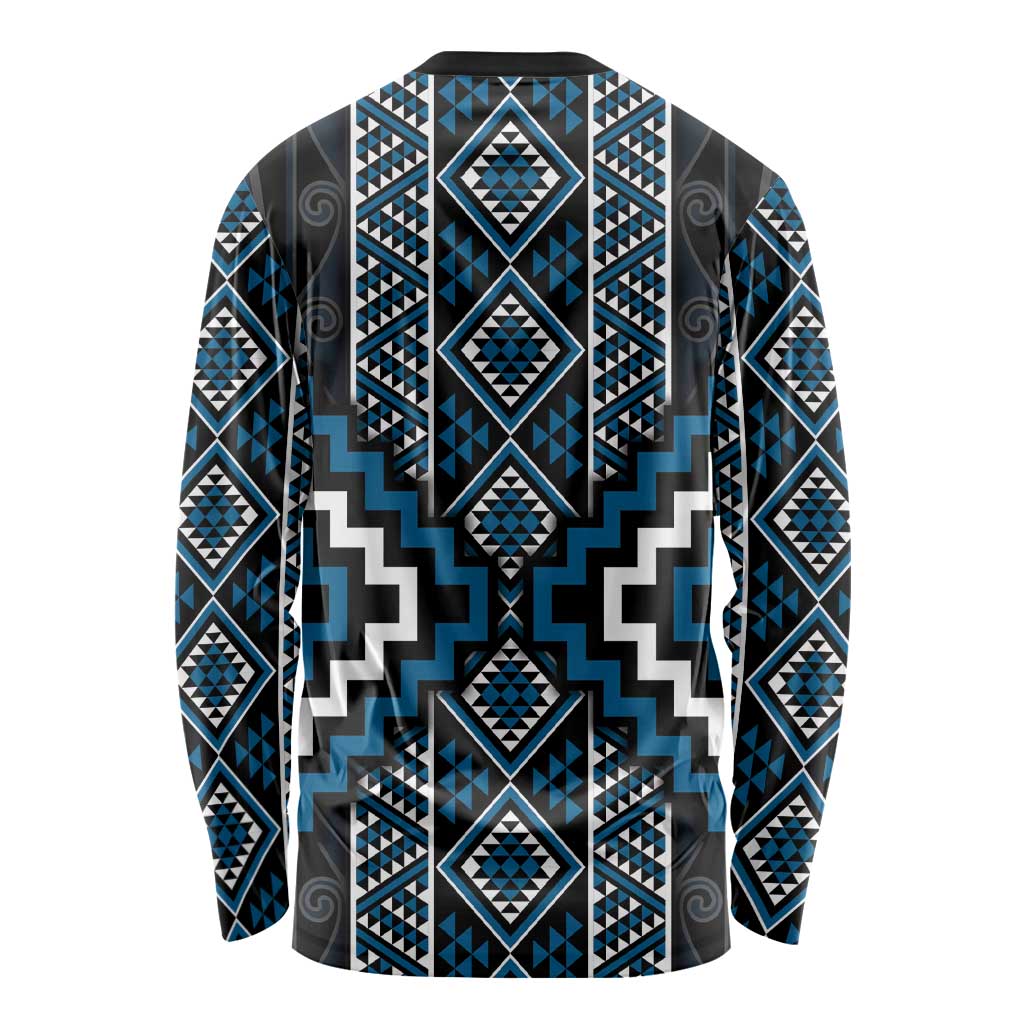 Azure Tukutuku Pattern Aotearoa Long Sleeve Shirt Niho Taniwha and Puhoro Motifs