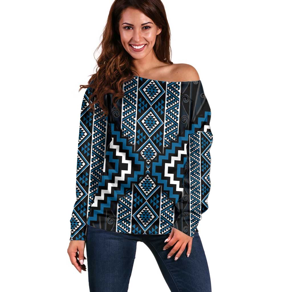 Azure Tukutuku Pattern Aotearoa Off Shoulder Sweater Niho Taniwha and Puhoro Motifs LT7 Women Blue - Polynesian Pride