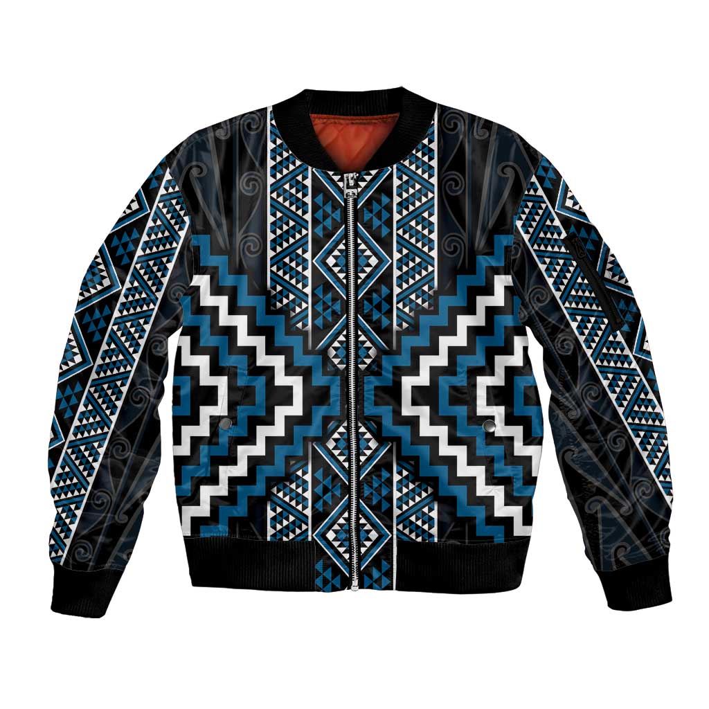 Azure Tukutuku Pattern Aotearoa Sleeve Zip Bomber Jacket Niho Taniwha and Puhoro Motifs
