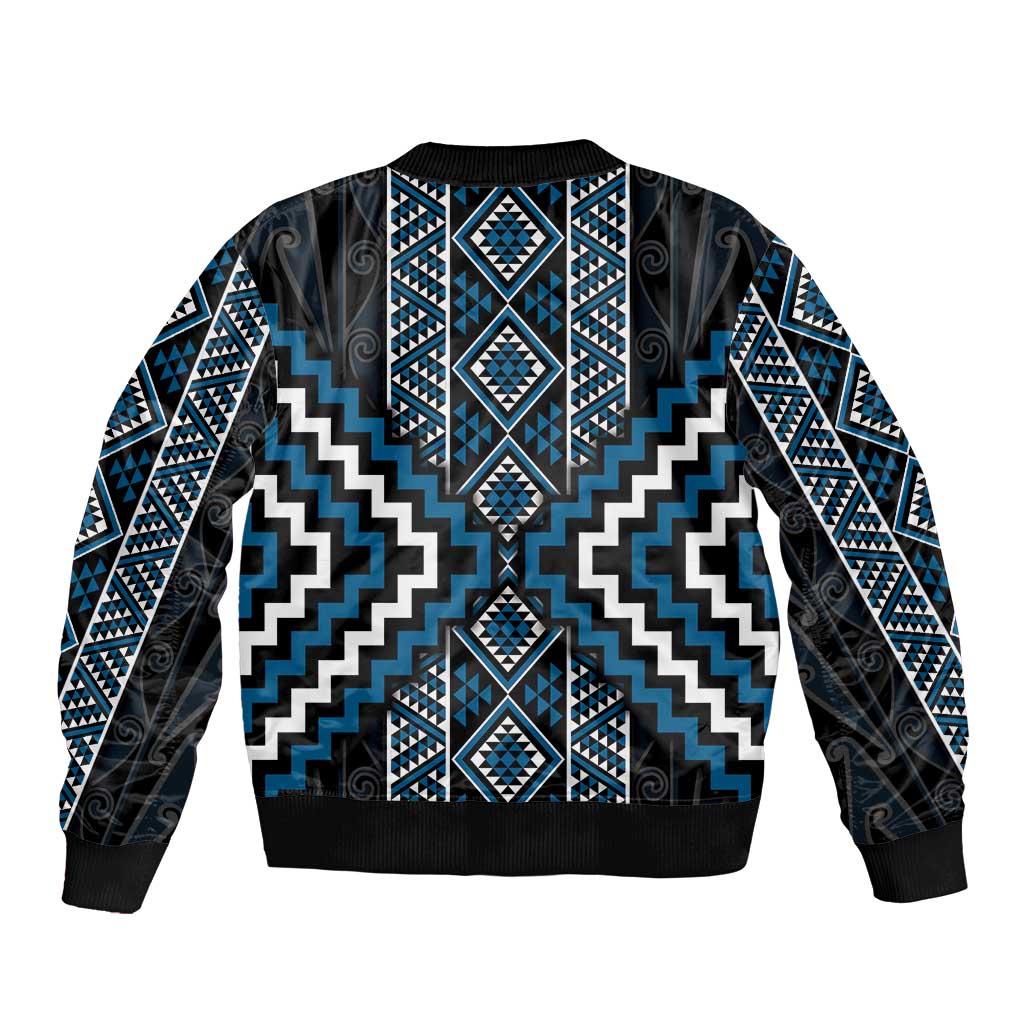 Azure Tukutuku Pattern Aotearoa Sleeve Zip Bomber Jacket Niho Taniwha and Puhoro Motifs