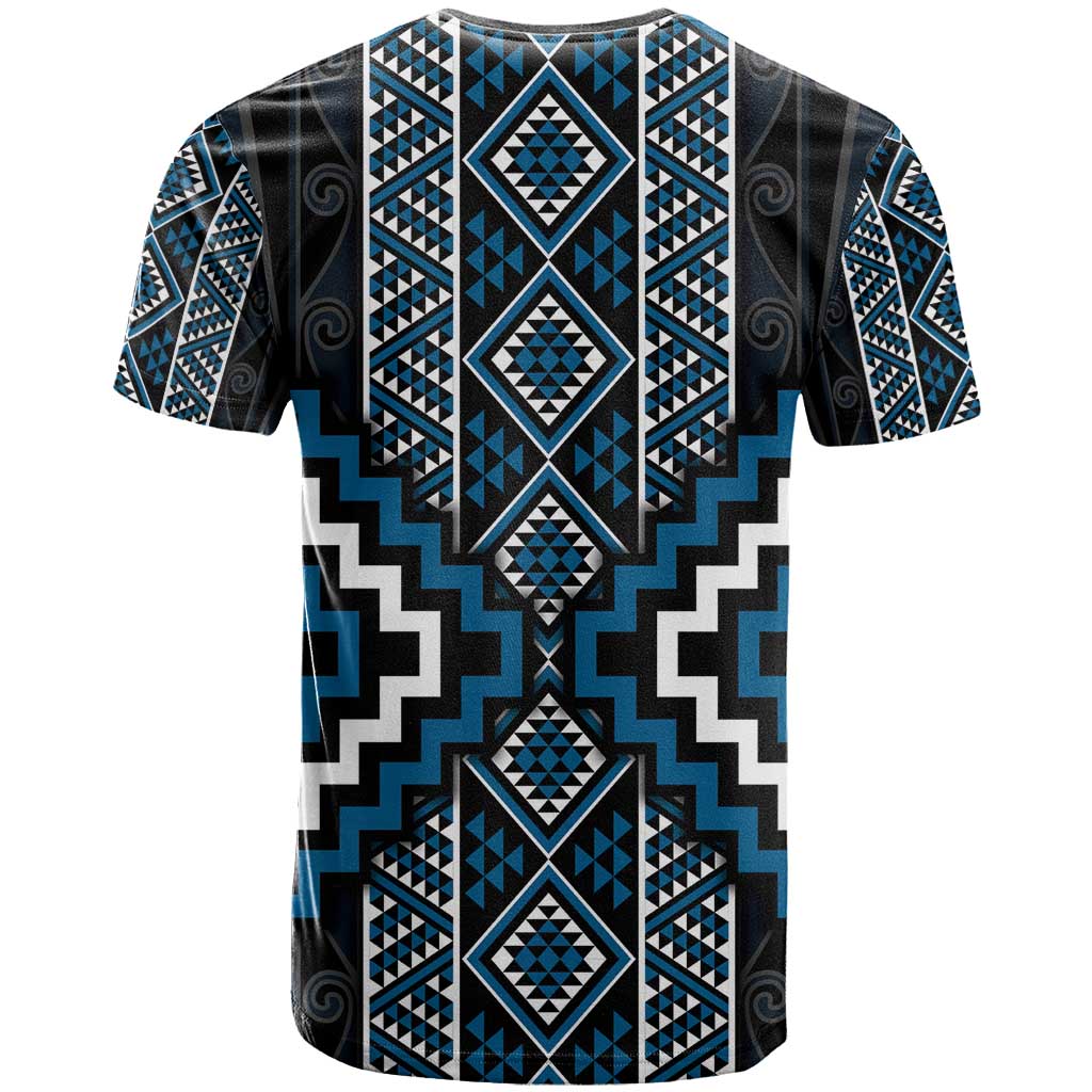 Azure Tukutuku Pattern Aotearoa T Shirt Niho Taniwha and Puhoro Motifs