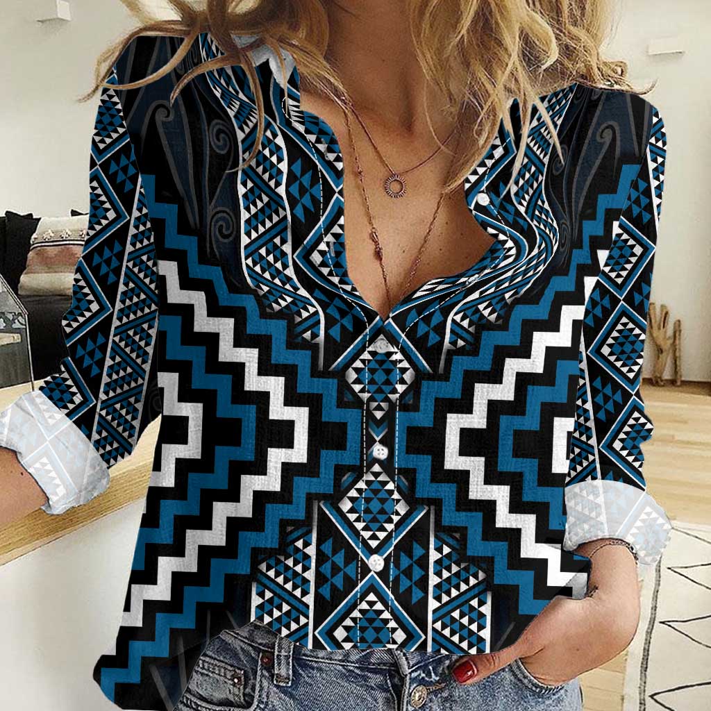 Azure Tukutuku Pattern Aotearoa Women Casual Shirt Niho Taniwha and Puhoro Motifs LT7 Female Blue - Polynesian Pride