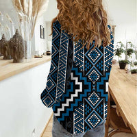 Azure Tukutuku Pattern Aotearoa Women Casual Shirt Niho Taniwha and Puhoro Motifs