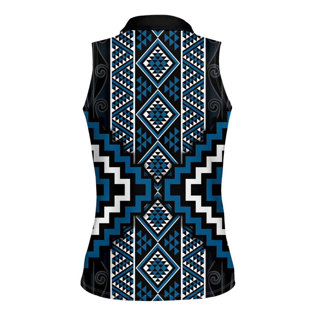 Azure Tukutuku Pattern Aotearoa Women Sleeveless Polo Shirt Niho Taniwha and Puhoro Motifs