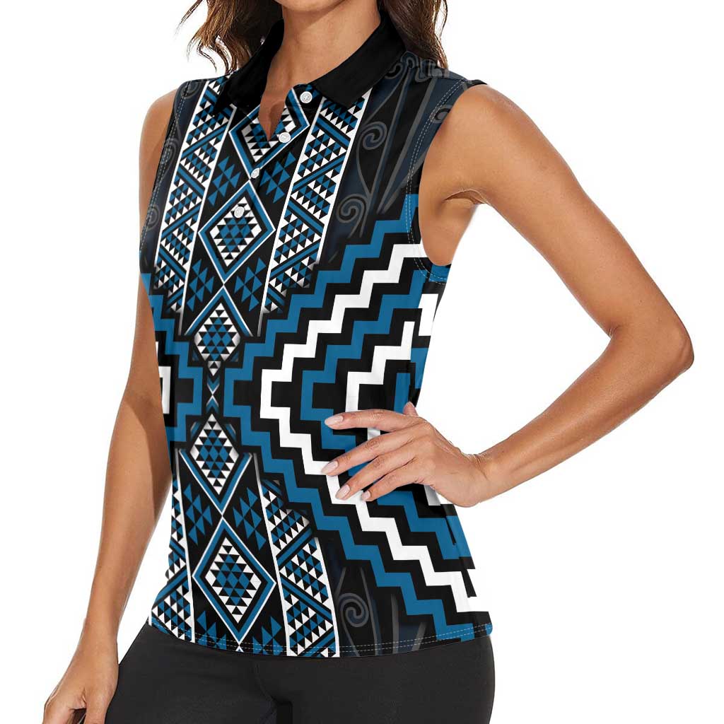 Azure Tukutuku Pattern Aotearoa Women Sleeveless Polo Shirt Niho Taniwha and Puhoro Motifs