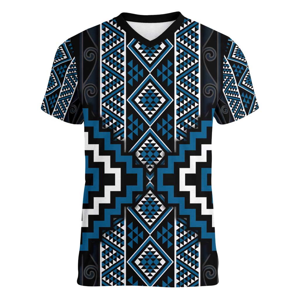 Azure Tukutuku Pattern Aotearoa Women V-Neck T-Shirt Niho Taniwha and Puhoro Motifs