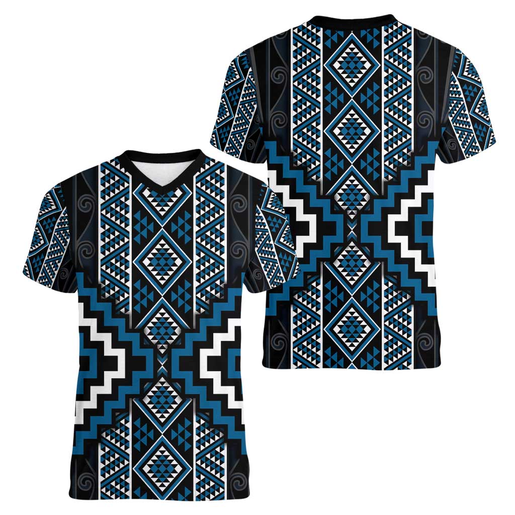 Azure Tukutuku Pattern Aotearoa Women V-Neck T-Shirt Niho Taniwha and Puhoro Motifs
