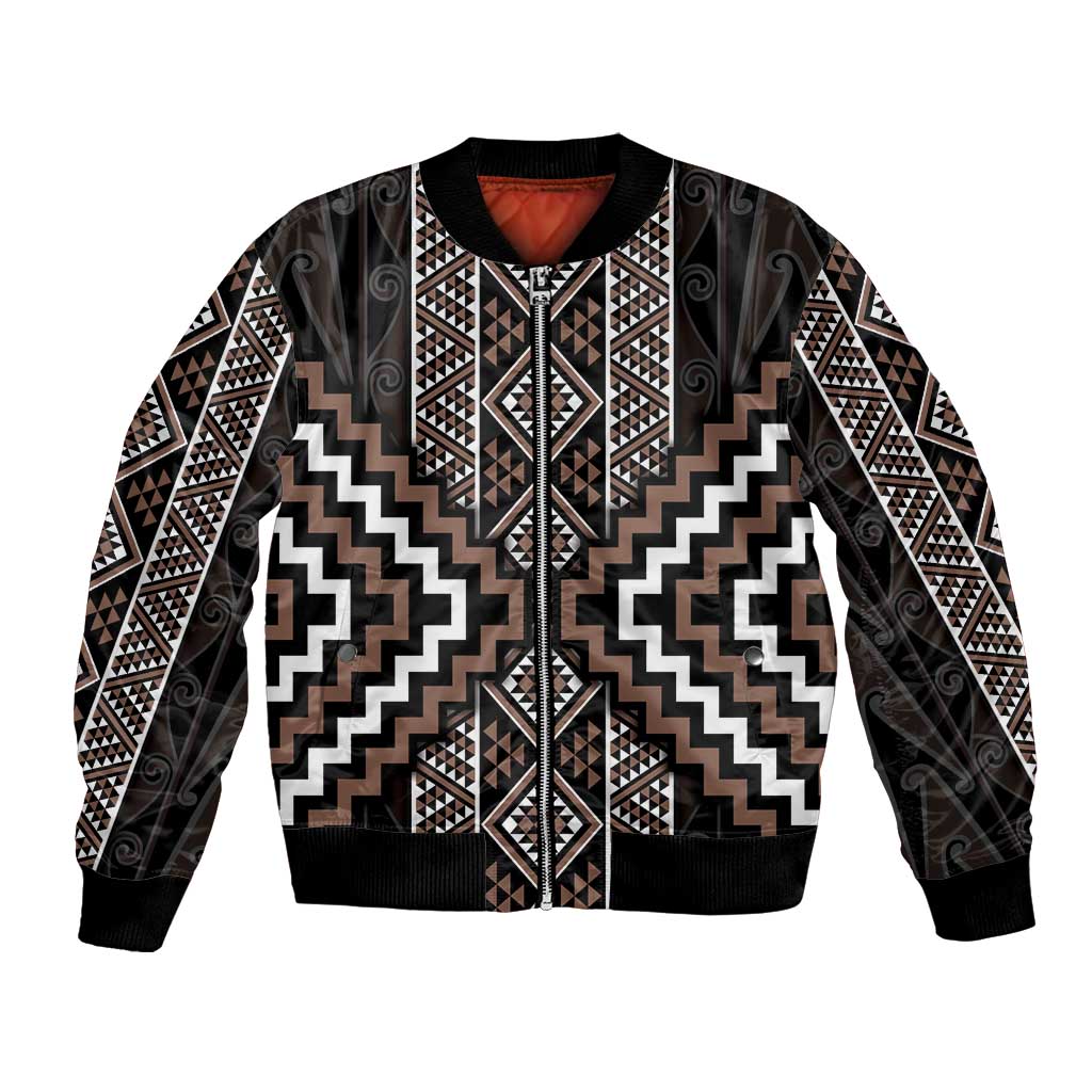 Classic Tukutuku Pattern Aotearoa Bomber Jacket Niho Taniwha and Puhoro Motifs