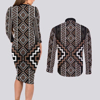 Classic Tukutuku Pattern Aotearoa Couples Matching Long Sleeve Bodycon Dress and Long Sleeve Button Shirt Niho Taniwha and Puhoro Motifs