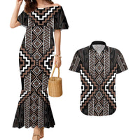 Classic Tukutuku Pattern Aotearoa Couples Matching Mermaid Dress and Hawaiian Shirt Niho Taniwha and Puhoro Motifs LT7 Brown - Polynesian Pride