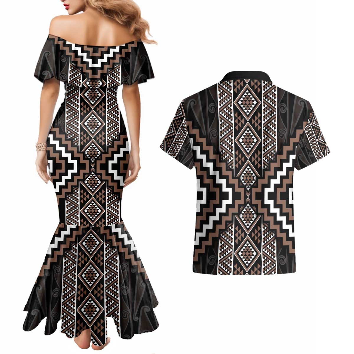 Classic Tukutuku Pattern Aotearoa Couples Matching Mermaid Dress and Hawaiian Shirt Niho Taniwha and Puhoro Motifs LT7 - Polynesian Pride