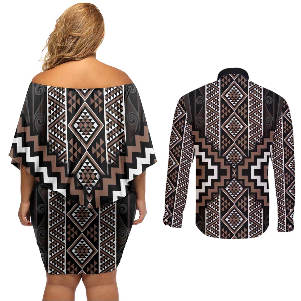 Classic Tukutuku Pattern Aotearoa Couples Matching Off Shoulder Short Dress and Long Sleeve Button Shirt Niho Taniwha and Puhoro Motifs