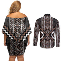 Classic Tukutuku Pattern Aotearoa Couples Matching Off Shoulder Short Dress and Long Sleeve Button Shirt Niho Taniwha and Puhoro Motifs
