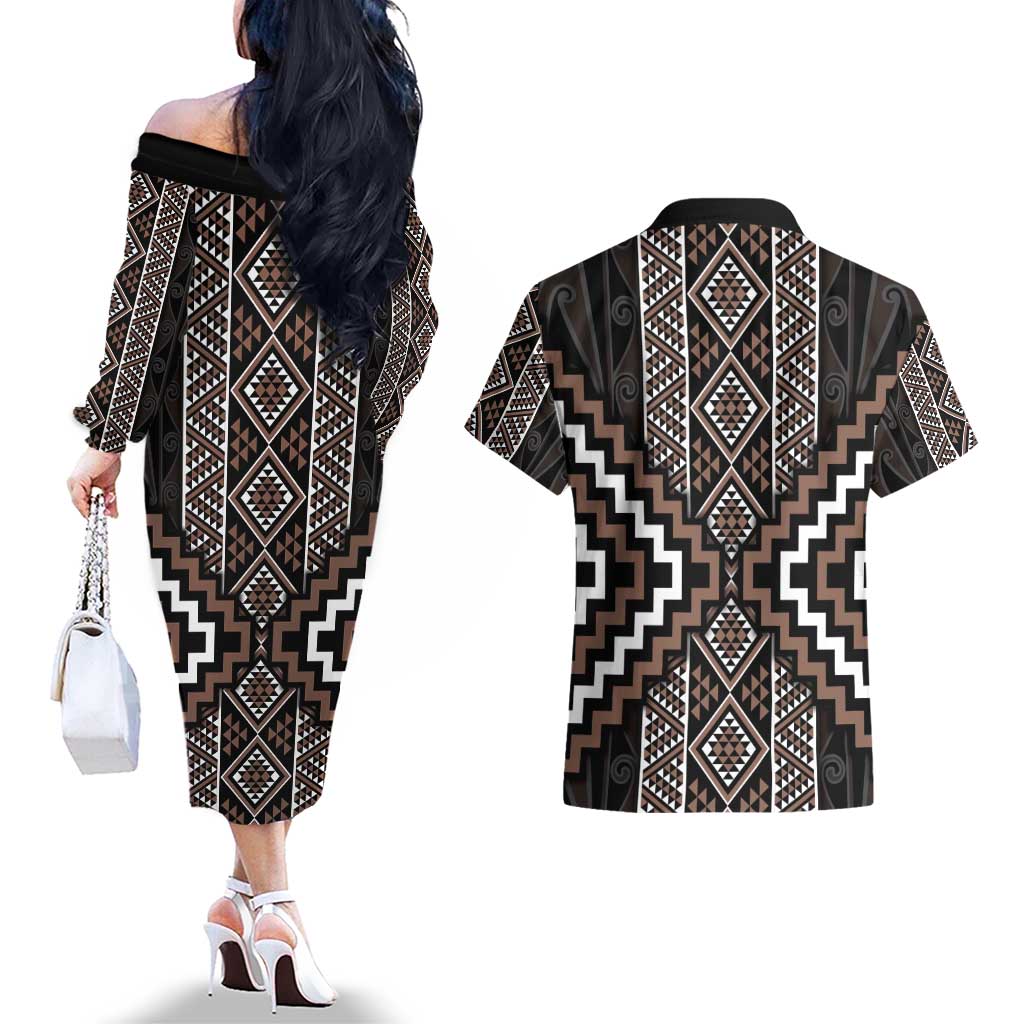 Classic Tukutuku Pattern Aotearoa Couples Matching Off The Shoulder Long Sleeve Dress and Hawaiian Shirt Niho Taniwha and Puhoro Motifs