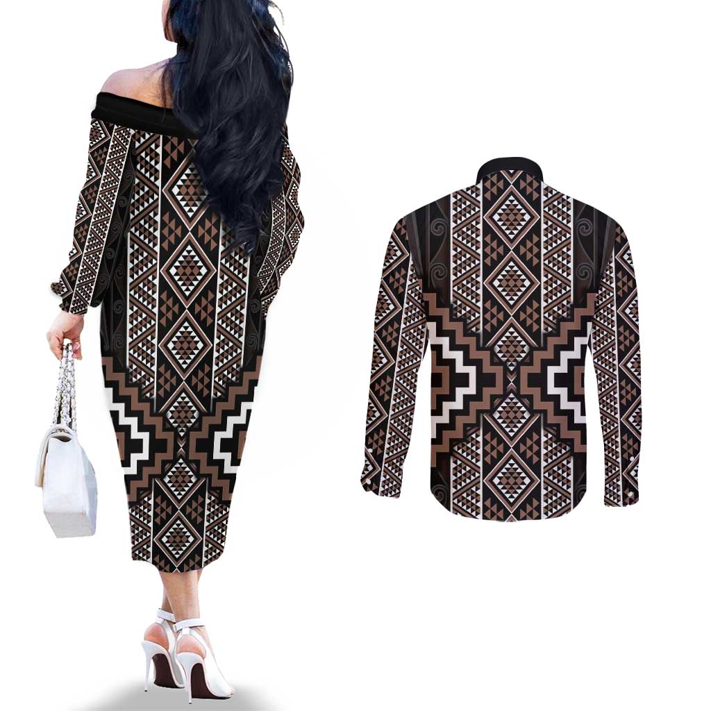 Classic Tukutuku Pattern Aotearoa Couples Matching Off The Shoulder Long Sleeve Dress and Long Sleeve Button Shirt Niho Taniwha and Puhoro Motifs