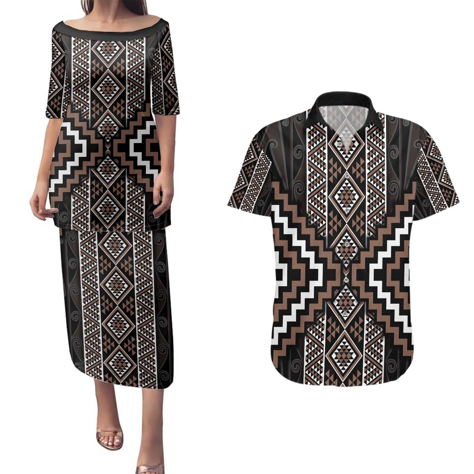 Classic Tukutuku Pattern Aotearoa Couples Matching Puletasi and Hawaiian Shirt Niho Taniwha and Puhoro Motifs LT7 Brown - Polynesian Pride