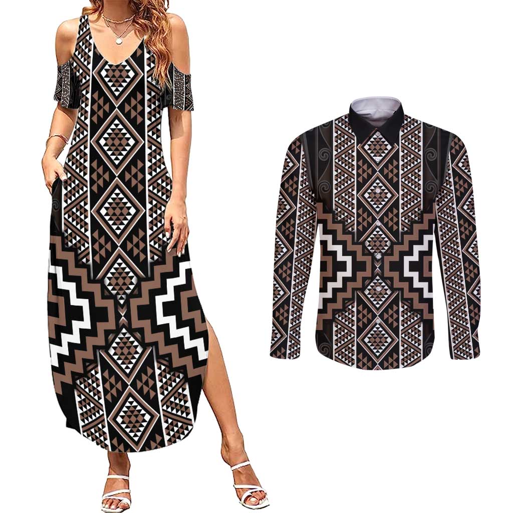 Classic Tukutuku Pattern Aotearoa Couples Matching Summer Maxi Dress and Long Sleeve Button Shirt Niho Taniwha and Puhoro Motifs