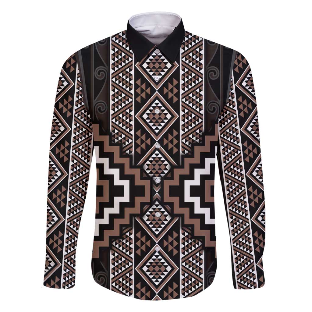Classic Tukutuku Pattern Aotearoa Family Matching Long Sleeve Bodycon Dress and Hawaiian Shirt Niho Taniwha and Puhoro Motifs LT7 Dad's Shirt - Long Sleeve Brown - Polynesian Pride
