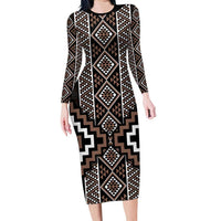 Classic Tukutuku Pattern Aotearoa Family Matching Long Sleeve Bodycon Dress and Hawaiian Shirt Niho Taniwha and Puhoro Motifs LT7 Mom's Dress Brown - Polynesian Pride