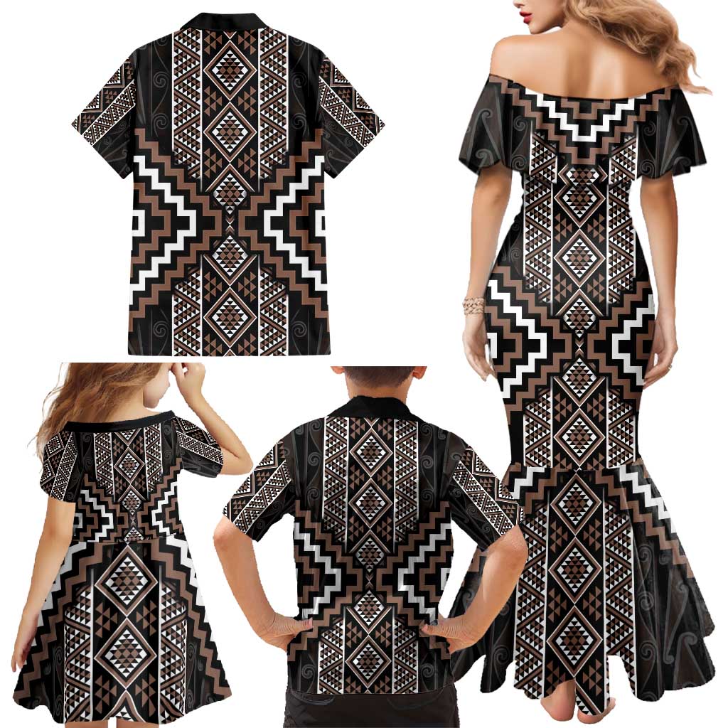 Classic Tukutuku Pattern Aotearoa Family Matching Mermaid Dress and Hawaiian Shirt Niho Taniwha and Puhoro Motifs LT7 - Polynesian Pride