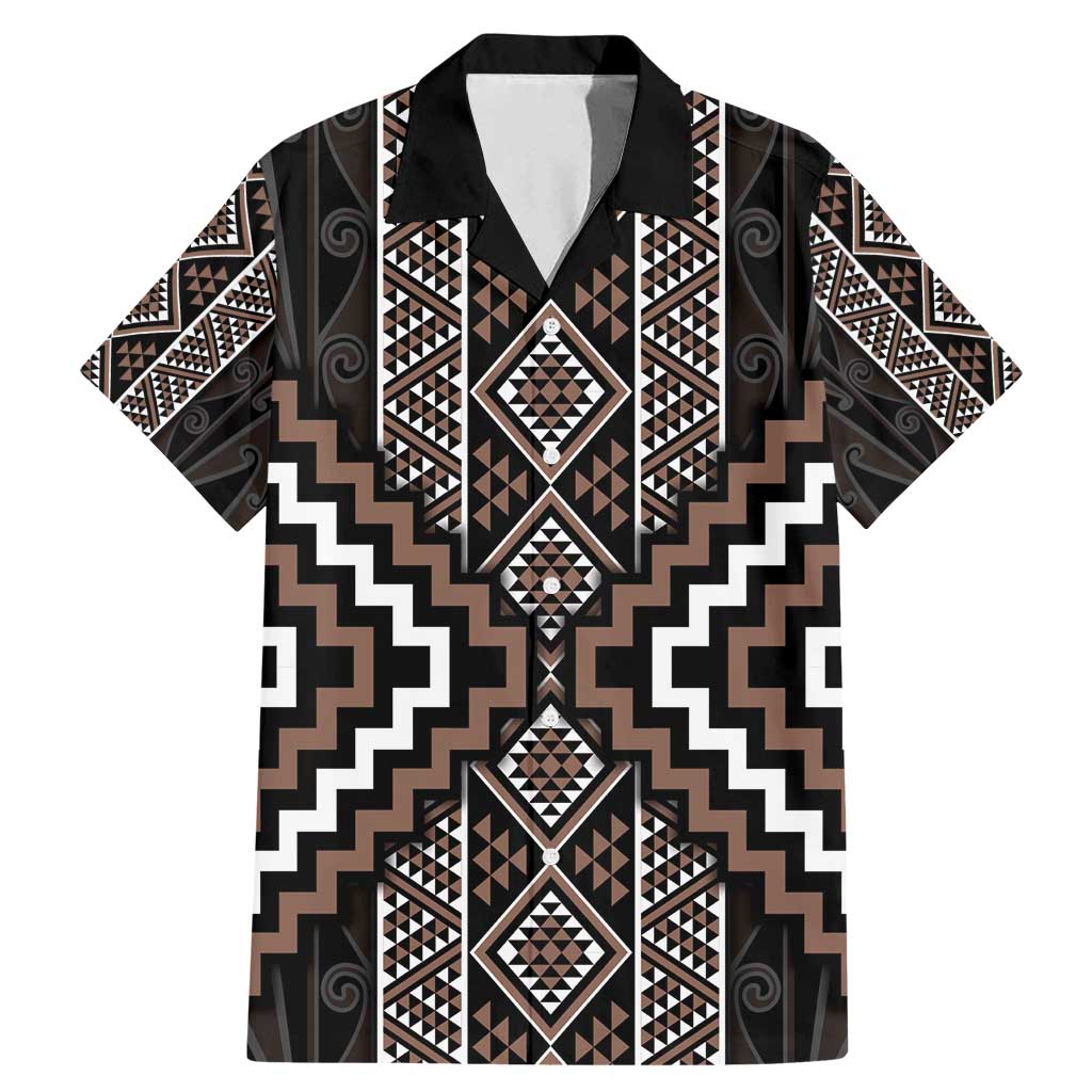 Classic Tukutuku Pattern Aotearoa Family Matching Mermaid Dress and Hawaiian Shirt Niho Taniwha and Puhoro Motifs LT7 Dad's Shirt - Short Sleeve Brown - Polynesian Pride