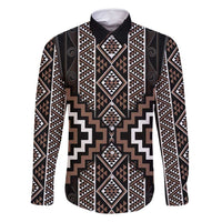 Classic Tukutuku Pattern Aotearoa Family Matching Mermaid Dress and Hawaiian Shirt Niho Taniwha and Puhoro Motifs LT7 Dad's Shirt - Long Sleeve Brown - Polynesian Pride