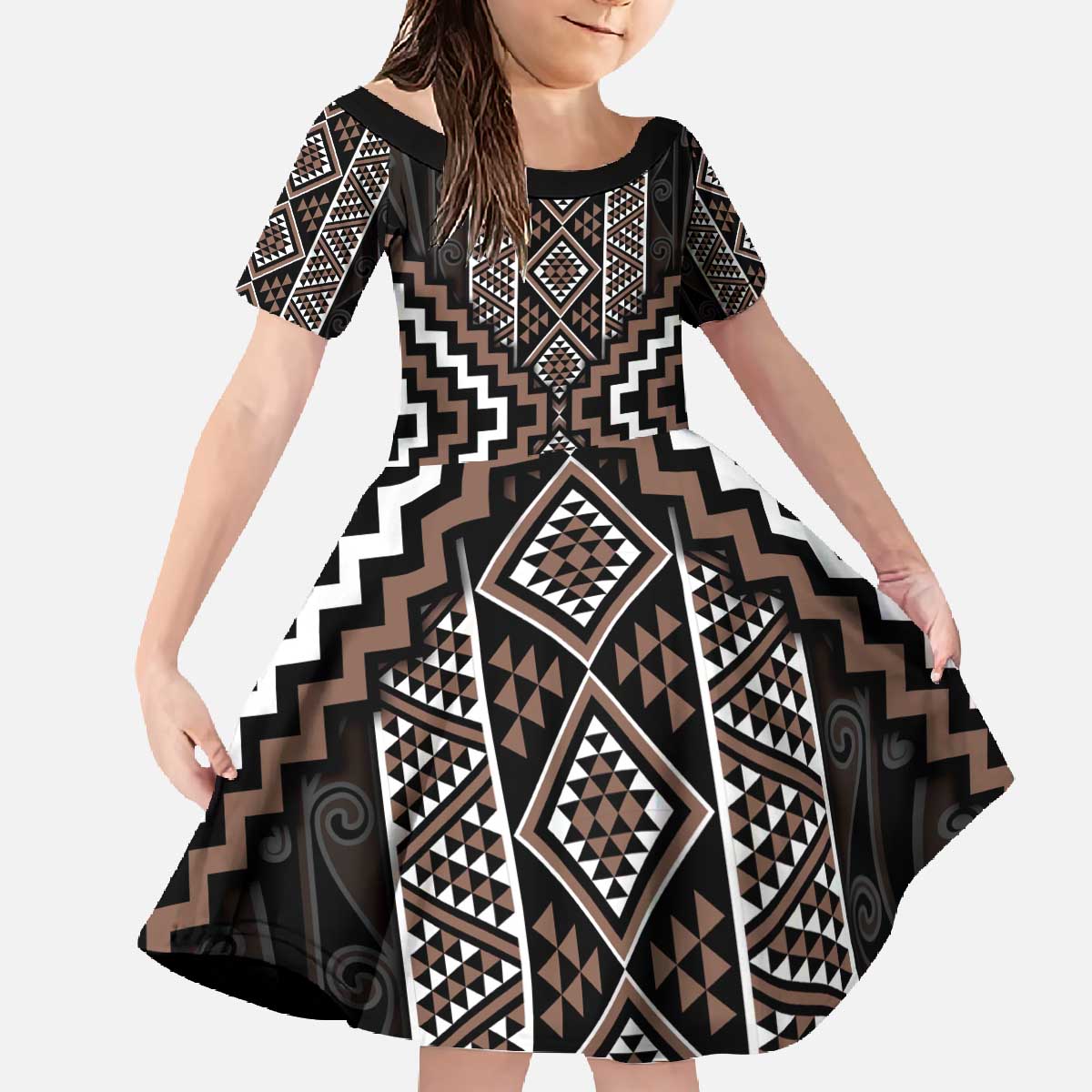 Classic Tukutuku Pattern Aotearoa Family Matching Off The Shoulder Long Sleeve Dress and Hawaiian Shirt Niho Taniwha and Puhoro Motifs LT7 Daughter's Dress Brown - Polynesian Pride
