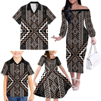 Classic Tukutuku Pattern Aotearoa Family Matching Off The Shoulder Long Sleeve Dress and Hawaiian Shirt Niho Taniwha and Puhoro Motifs LT7 - Polynesian Pride