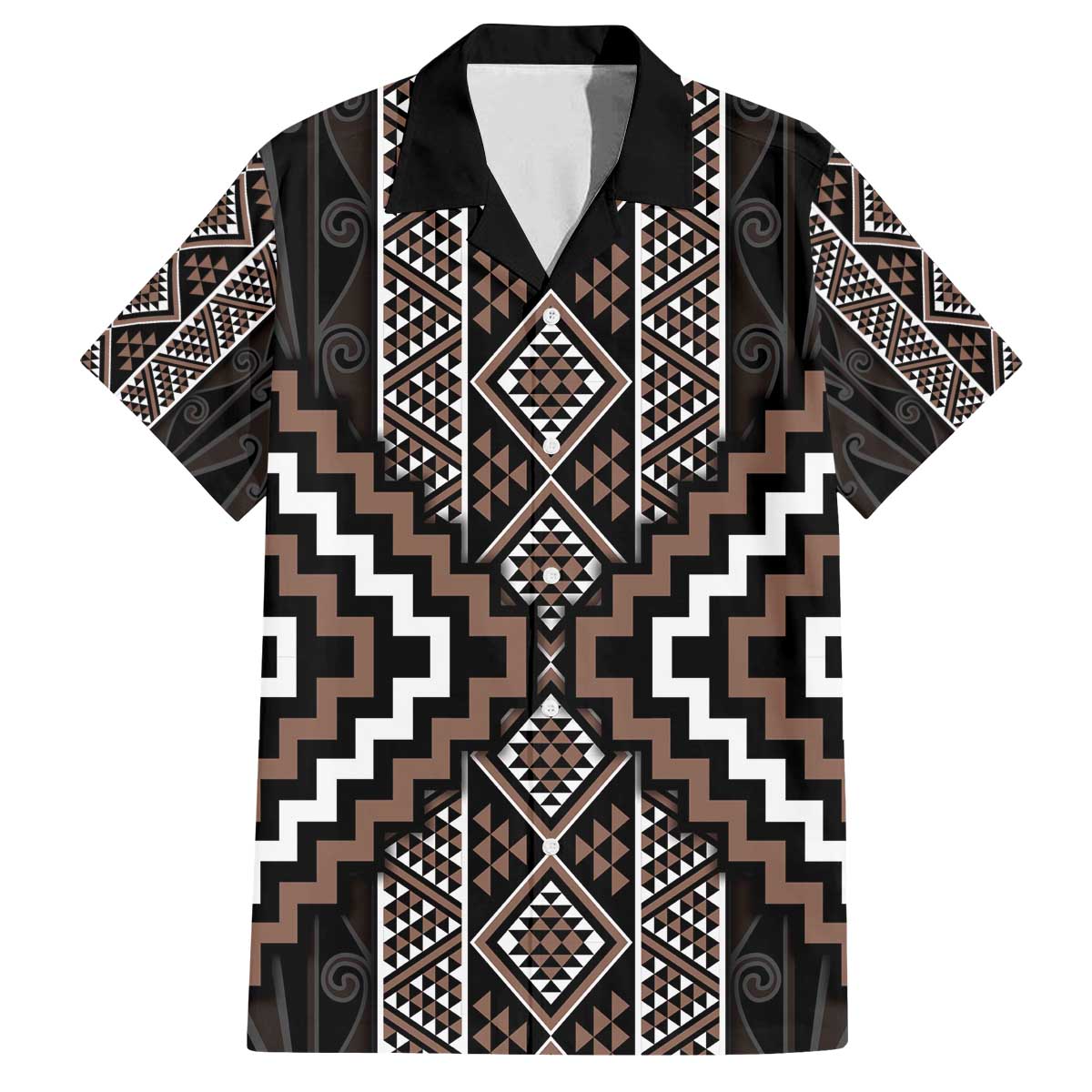 Classic Tukutuku Pattern Aotearoa Family Matching Off The Shoulder Long Sleeve Dress and Hawaiian Shirt Niho Taniwha and Puhoro Motifs LT7 Dad's Shirt - Short Sleeve Brown - Polynesian Pride