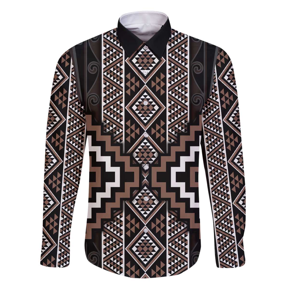 Classic Tukutuku Pattern Aotearoa Family Matching Off The Shoulder Long Sleeve Dress and Hawaiian Shirt Niho Taniwha and Puhoro Motifs LT7 Dad's Shirt - Long Sleeve Brown - Polynesian Pride