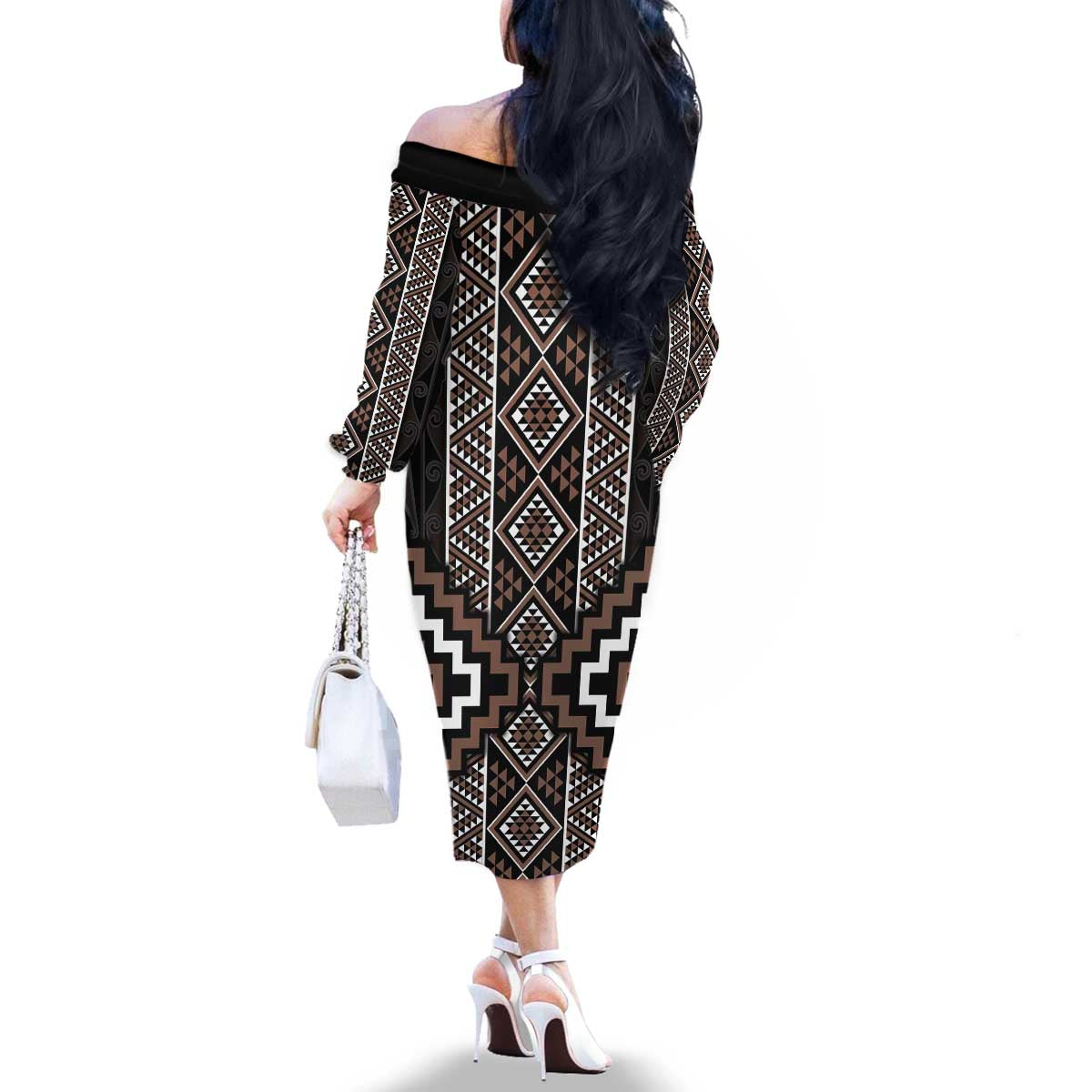 Classic Tukutuku Pattern Aotearoa Family Matching Off The Shoulder Long Sleeve Dress and Hawaiian Shirt Niho Taniwha and Puhoro Motifs LT7 - Polynesian Pride