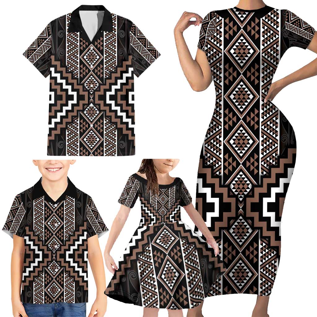 Classic Tukutuku Pattern Aotearoa Family Matching Short Sleeve Bodycon Dress and Hawaiian Shirt Niho Taniwha and Puhoro Motifs LT7 - Polynesian Pride