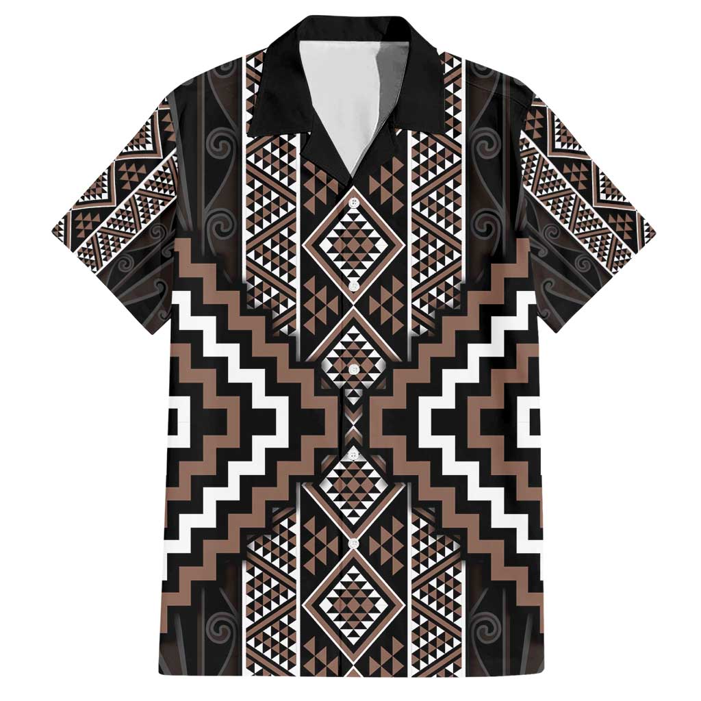 Classic Tukutuku Pattern Aotearoa Family Matching Short Sleeve Bodycon Dress and Hawaiian Shirt Niho Taniwha and Puhoro Motifs LT7 Dad's Shirt - Short Sleeve Brown - Polynesian Pride