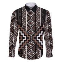 Classic Tukutuku Pattern Aotearoa Family Matching Short Sleeve Bodycon Dress and Hawaiian Shirt Niho Taniwha and Puhoro Motifs LT7 Dad's Shirt - Long Sleeve Brown - Polynesian Pride