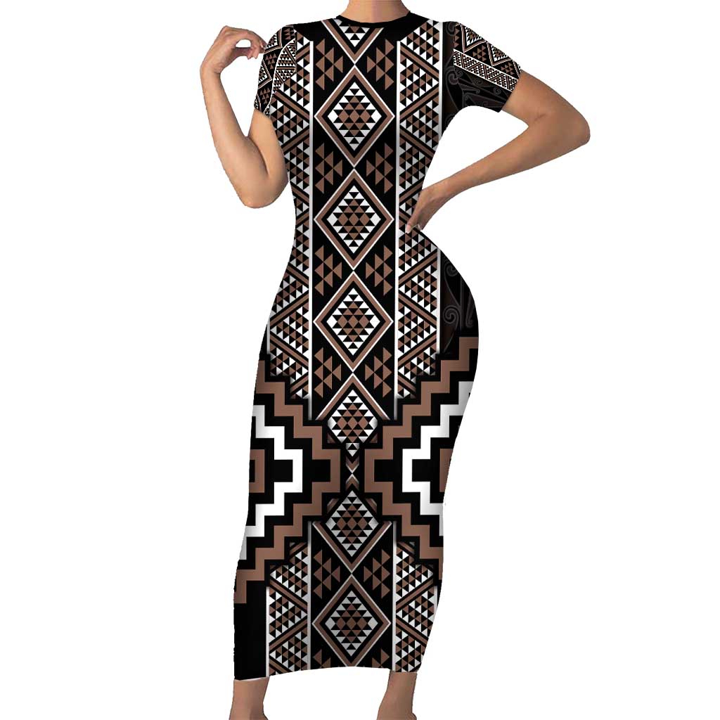 Classic Tukutuku Pattern Aotearoa Family Matching Short Sleeve Bodycon Dress and Hawaiian Shirt Niho Taniwha and Puhoro Motifs LT7 Mom's Dress Brown - Polynesian Pride