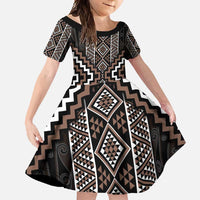 Classic Tukutuku Pattern Aotearoa Family Matching Tank Maxi Dress and Hawaiian Shirt Niho Taniwha and Puhoro Motifs LT7 Daughter's Dress Brown - Polynesian Pride