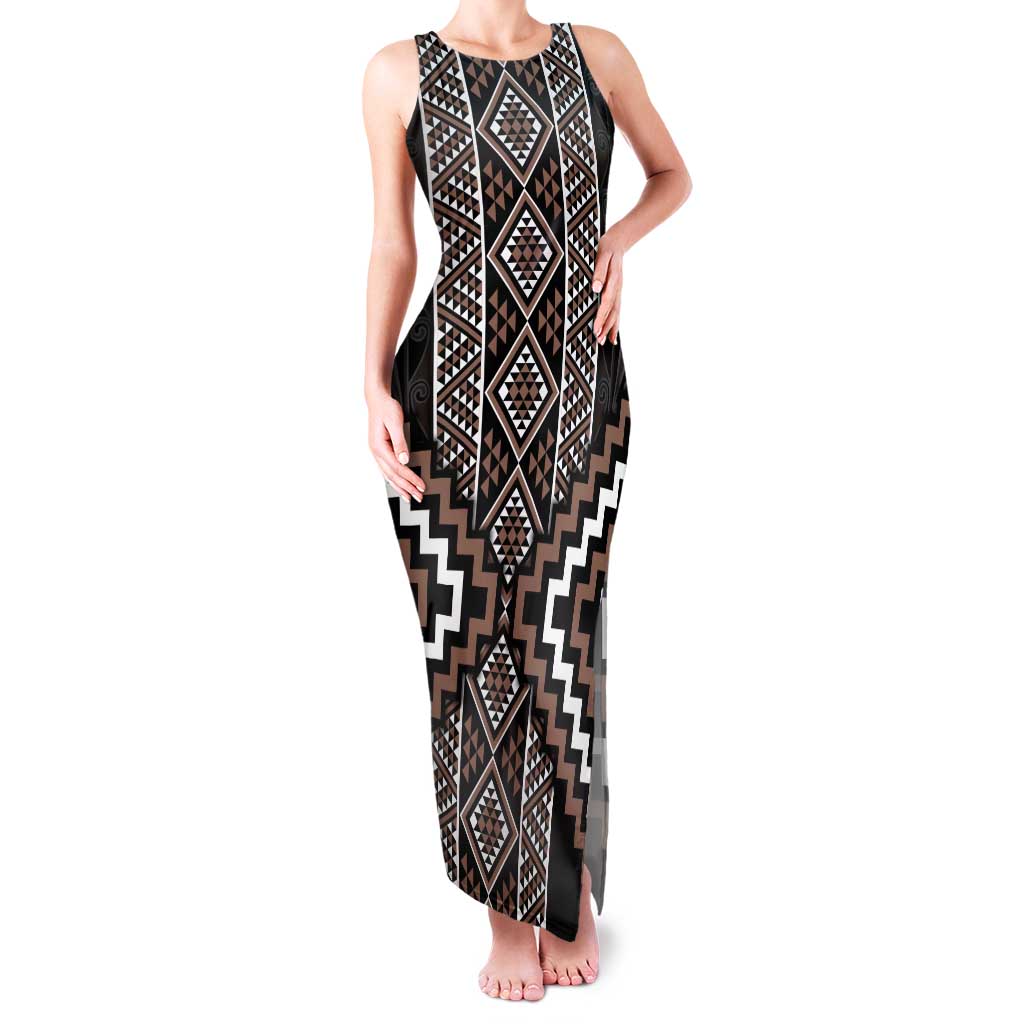 Classic Tukutuku Pattern Aotearoa Family Matching Tank Maxi Dress and Hawaiian Shirt Niho Taniwha and Puhoro Motifs LT7 Mom's Dress Brown - Polynesian Pride