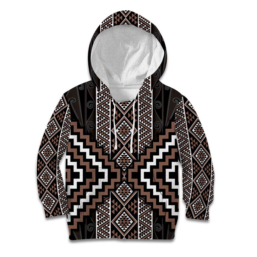 Classic Tukutuku Pattern Aotearoa Kid Hoodie Niho Taniwha and Puhoro Motifs LT7 Hoodie Brown - Polynesian Pride