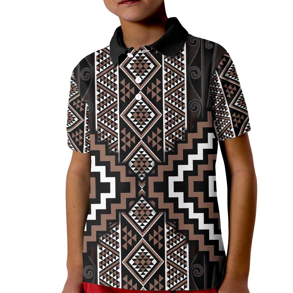 Classic Tukutuku Pattern Aotearoa Kid Polo Shirt Niho Taniwha and Puhoro Motifs