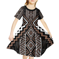 Classic Tukutuku Pattern Aotearoa Kid Short Sleeve Dress Niho Taniwha and Puhoro Motifs