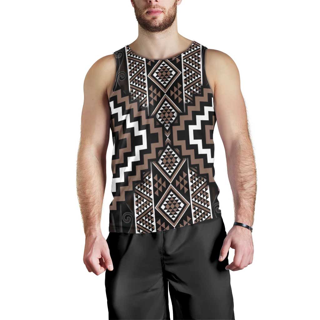 Classic Tukutuku Pattern Aotearoa Men Tank Top Niho Taniwha and Puhoro Motifs