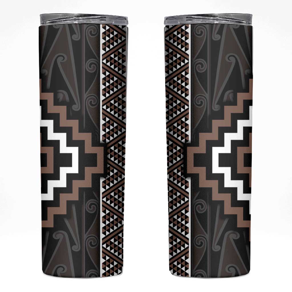Classic Tukutuku Pattern Aotearoa Skinny Tumbler Niho Taniwha and Puhoro Motifs LT7 Brown - Polynesian Pride